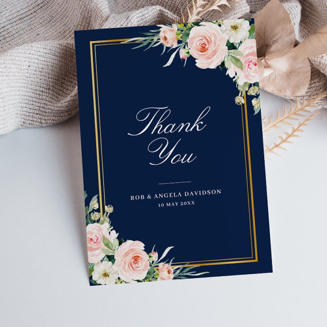 elegant frame navy blush floral wedding thank you card (Creator Uploaded)