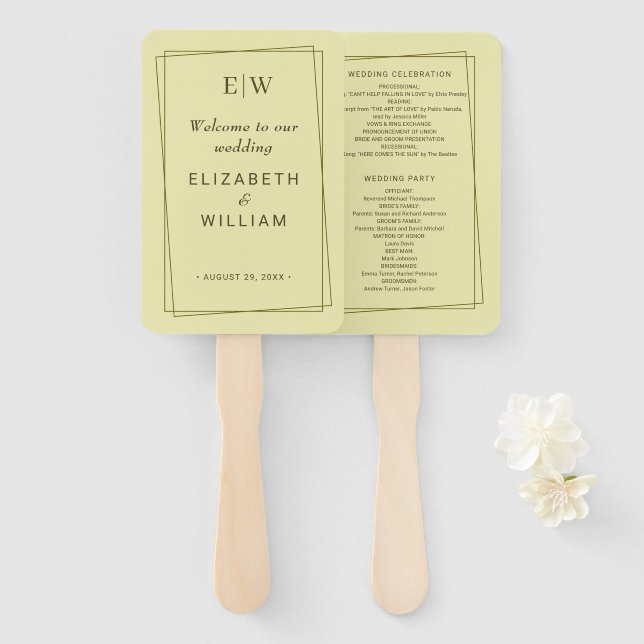 Elegant Frame on Celestial Yellow Monogram Wedding Hand Fan (Front and Back)