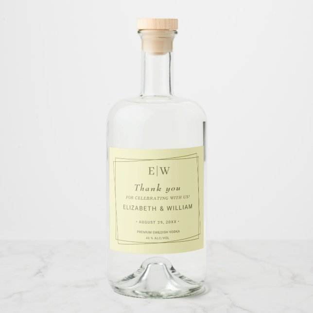 Elegant Frame on Celestial Yellow Monogram Wedding Liquor Bottle Label (Front)