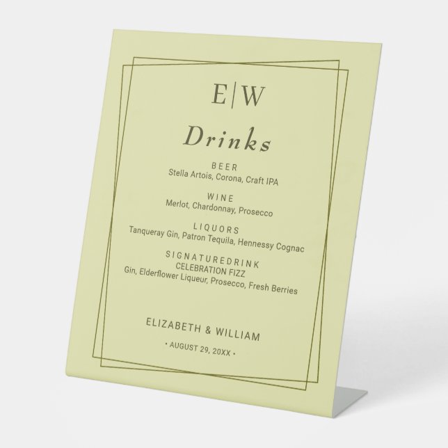 Elegant Frame on Celestial Yellow Monogram Wedding Pedestal Sign (Front)