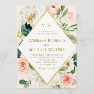 Elegant frame pink blush flowers wedding invitation