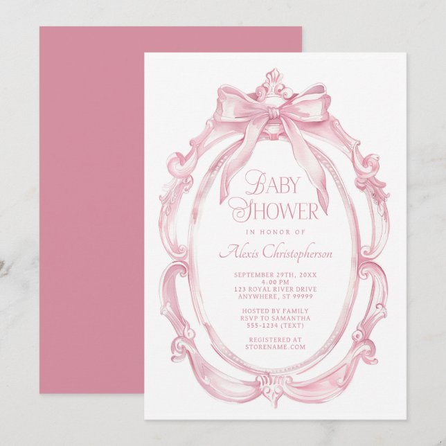 Elegant Frame + Pink Bow Baby Shower Invitation (Front/Back)