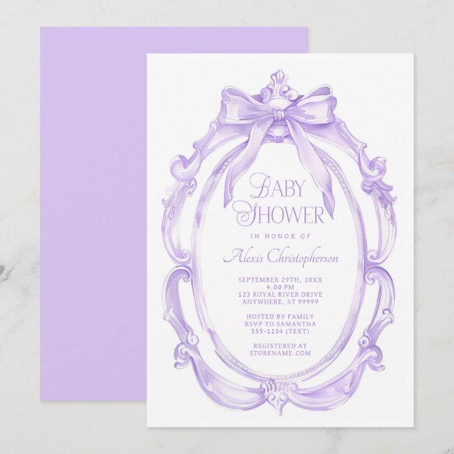 Elegant Frame + Purple Bow Baby Shower Invitation (Front/Back)