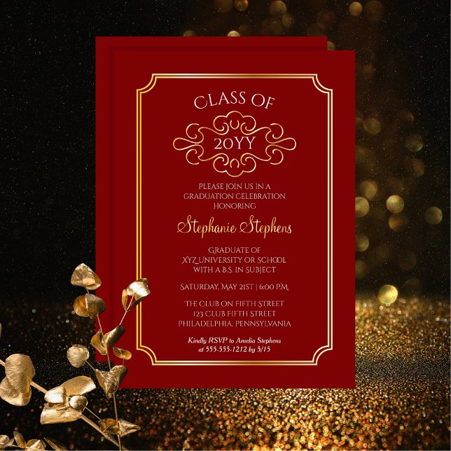 Elegant Frame Red College Graduation Party  (Elegant Frame Red College or University Graduation Announcement | Party Gold Foil Invitation)