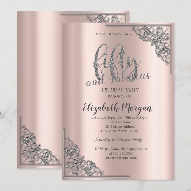 Elegant Frame Rose Gold 50th Birthday Party   Invitation (Front/Back)