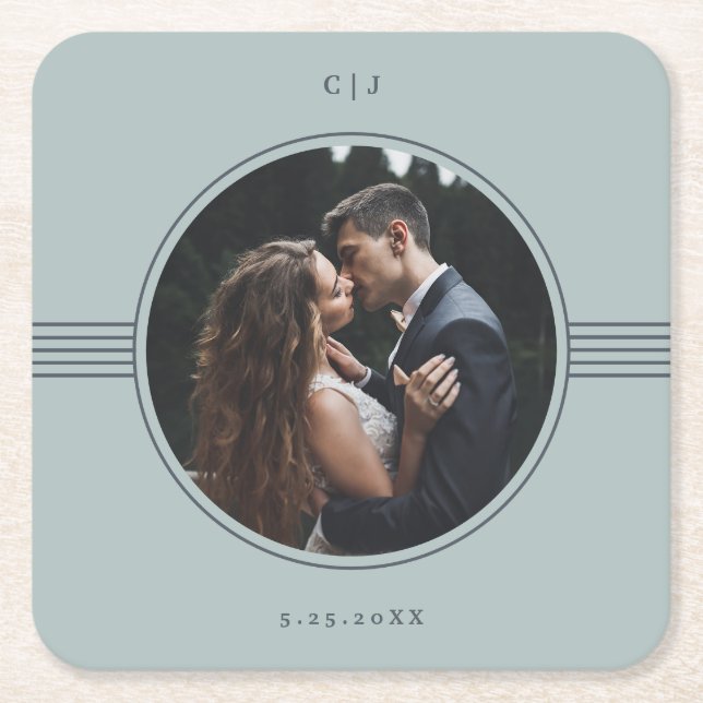 Elegant Frame | Sea Glass Photo Wedding Square Paper Coaster (Front)