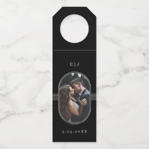 Elegant Frame   Silver and Black Photo Wedding Bottle Tag