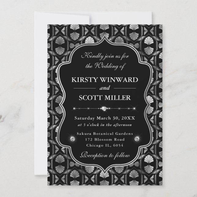 Elegant Frame Silver Geometric Art Deco Wedding Invitation (Front)