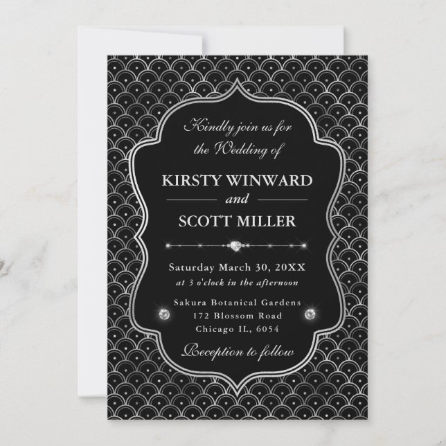 Elegant Frame Silver Scallop Art Deco Wedding Invitation (Front)