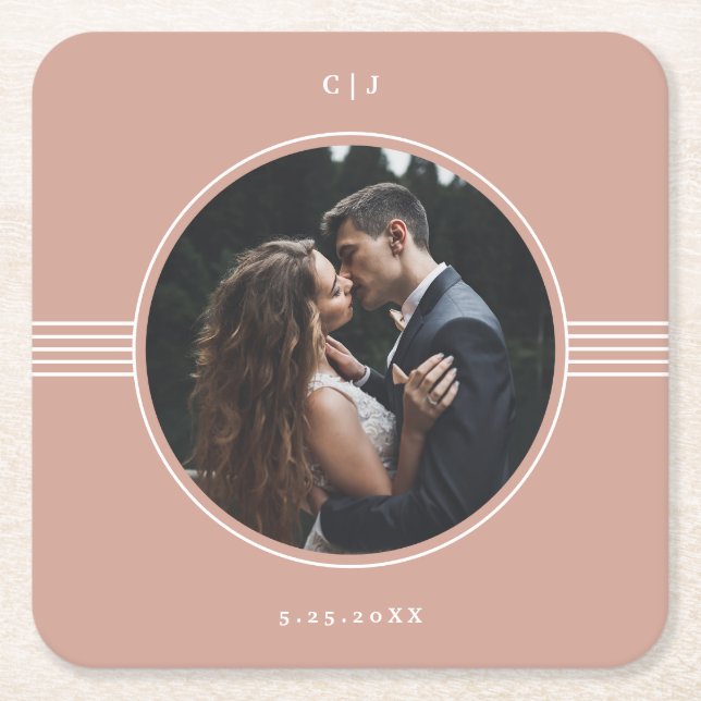 Elegant Frame | Terracotta Photo Wedding Square Paper Coaster (Front)