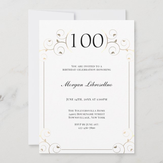 Elegant Frame White Gold 100th Birthday Invitation (Front)