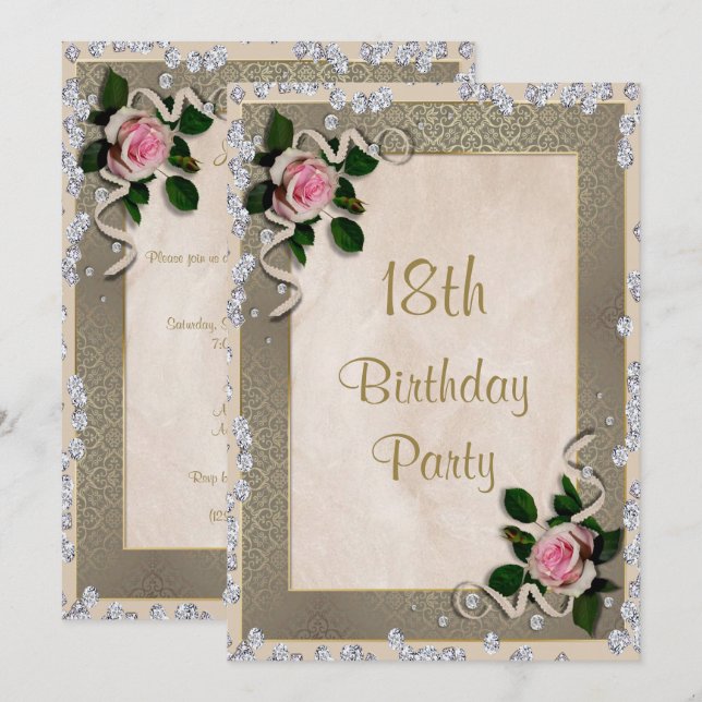 Elegant Framed Pink Roses 18th Birthday Invitation (Front/Back)