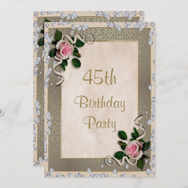 Elegant Framed Pink Roses 45th Birthday Invitation (Front/Back)