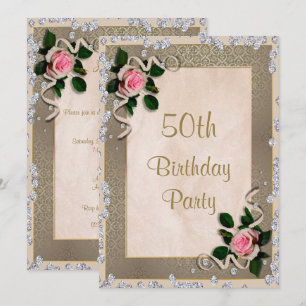 Elegant Framed Pink Roses 50th Birthday Invitation