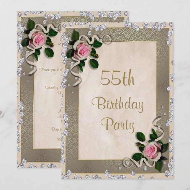 Elegant Framed Pink Roses 55th Birthday Invitation (Front/Back)