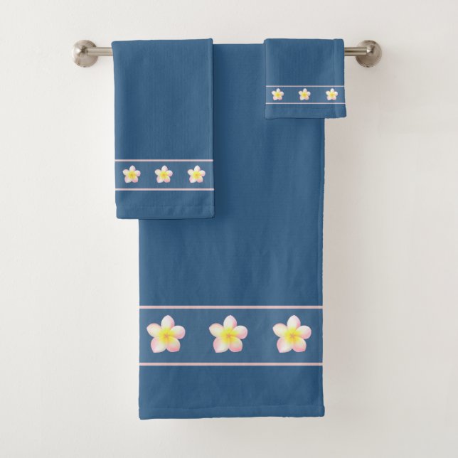 Elegant Frangipani Plumeria Flowers on Award Blue Bath Towel Set (Insitu)