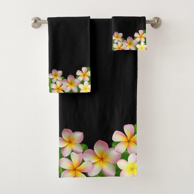Elegant Frangipani Plumeria Flowers on Black Bath Towel Set (Insitu)