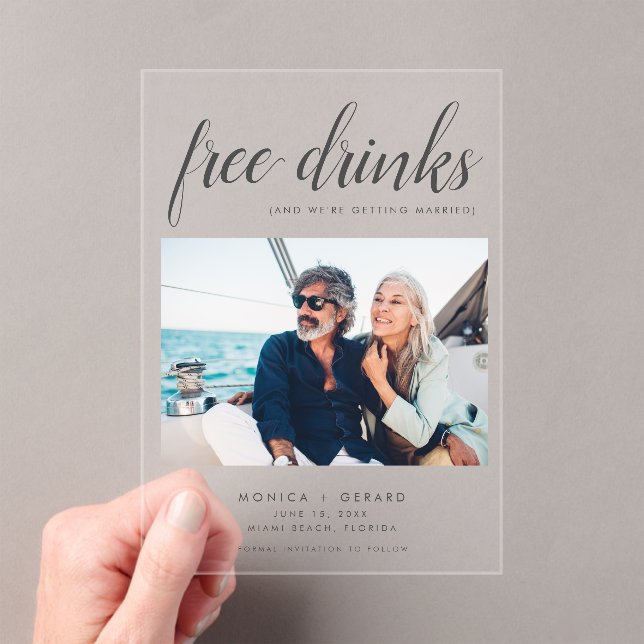 Elegant Free Drinks Photo Wedding  Acrylic Invitations (Insitu (Handheld))