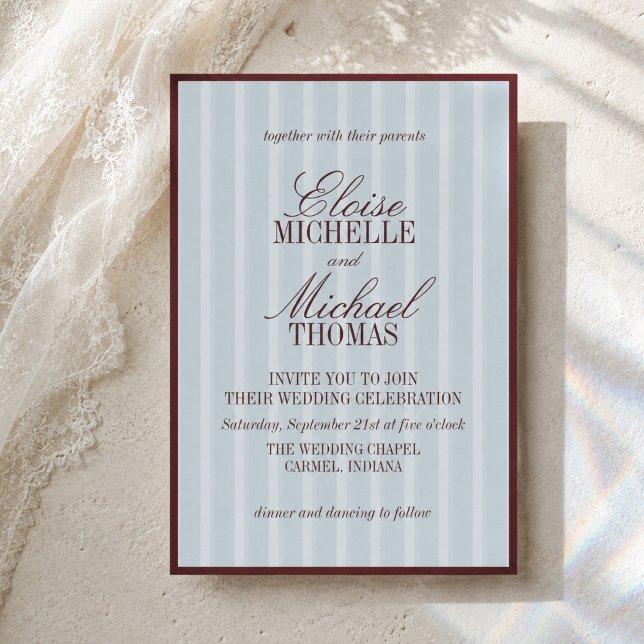 Elegant French Blue and Burgundy Stripe Pattern Invitation (Elegant French Blue and Burgundy Stripe Pattern Invitation)