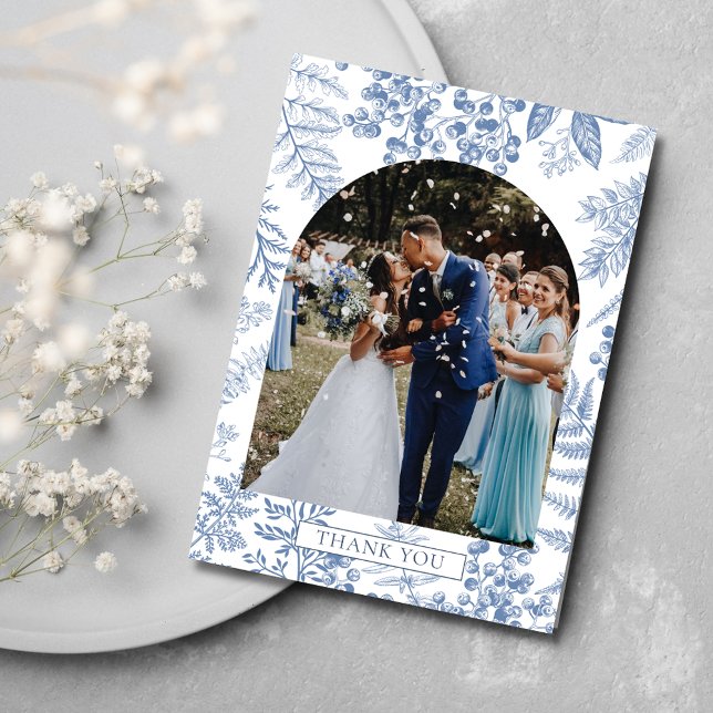 Elegant French Blue Bloom  Floral Wedding Thank You Card (Elegant French Blue Bloom Floral Wedding Thank You Card)
