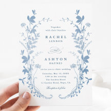 Elegant French Blue Botanical Wedding Invitation