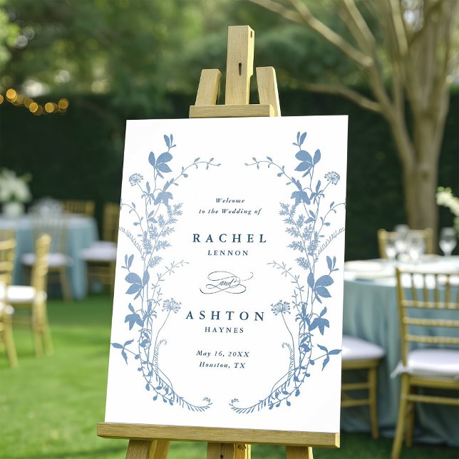 Elegant French Blue Botanical Wedding Welcome Poster (Creator Uploaded)