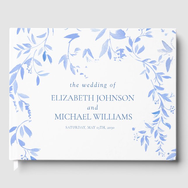 Elegant French Blue Floral Botanical Wedding Guest Book (Front)