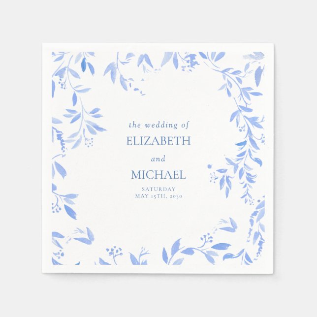 Elegant French Blue Floral Botanical Wedding Napkin (Front)