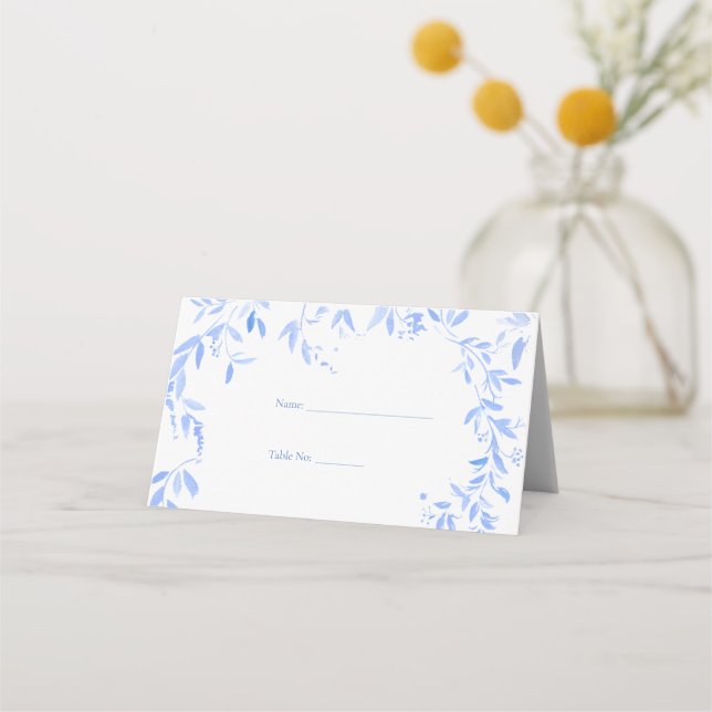 Elegant French Blue Floral Botanical Wedding Place Card (Front)