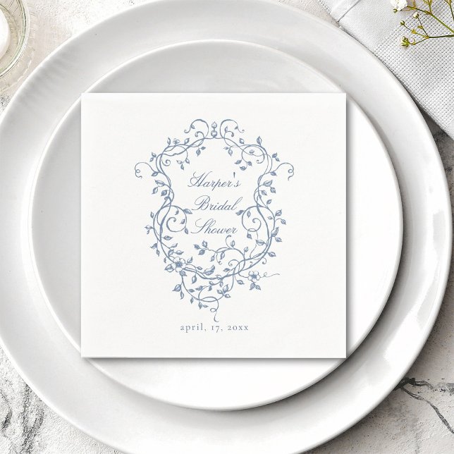 Elegant French Blue Floral Crest Bridal Shower Napkin (Creator Uploaded)