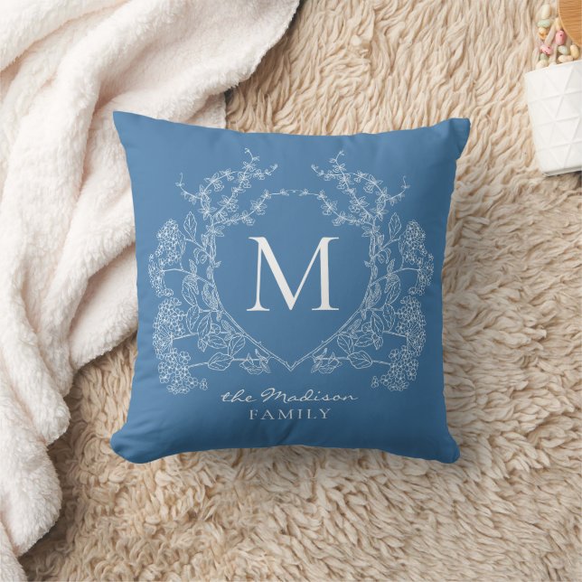 Elegant French Blue Floral Crest Initial Monogram Cushion (Blanket)