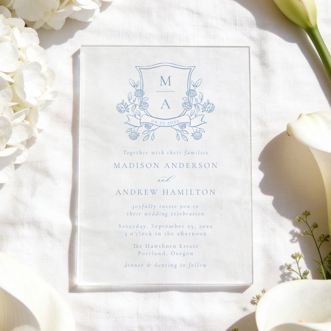Elegant French Blue Floral Crest Monogram Wedding Acrylic Invitations (Creator Uploaded)