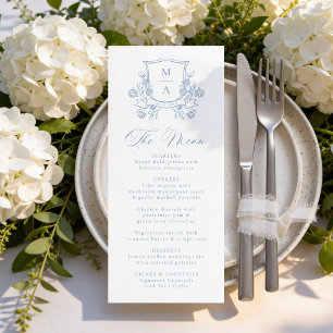 Elegant French Blue Floral Crest Monogram Wedding Menu