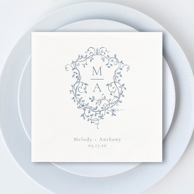 Elegant French Blue Floral Crest Wedding Napkin (Creator Uploaded)