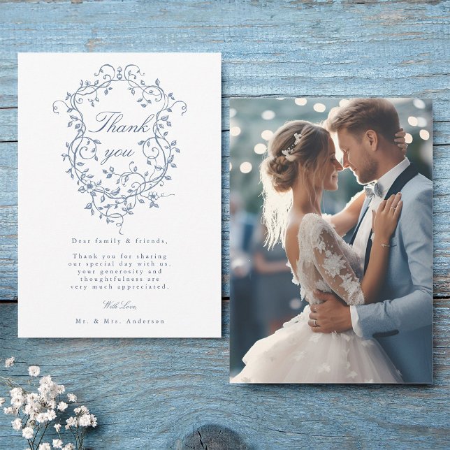 Elegant French Blue Floral Crest Wedding Photo Thank You Card (Front & Back)