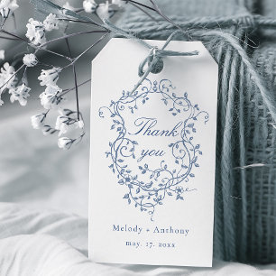 Elegant French Blue Floral Crest Wedding Thank You Gift Tags