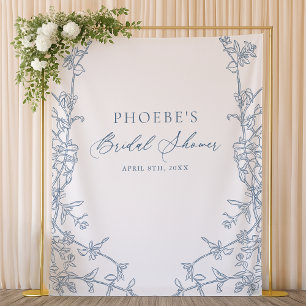 Elegant French Blue Floral Frame Bridal Backdrop Tapestry