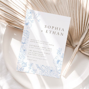 Elegant French Blue Floral Line Art Wedding Invitation