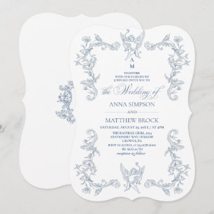 Elegant French Blue Floral Ornate Wedding Invitation