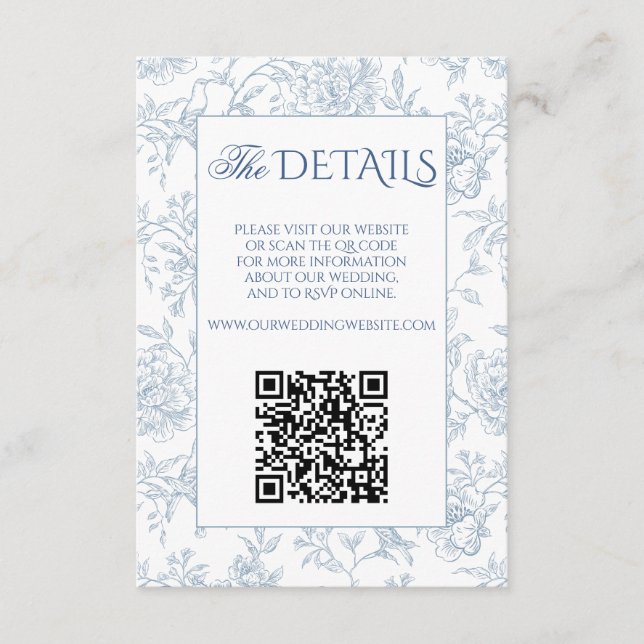 Elegant French Blue Floral Toile QR Code Website Enclosure Card (Front)
