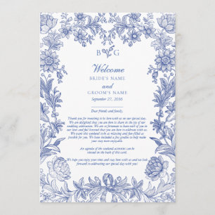 Elegant French Blue Floral Wedding Itinerary Programme
