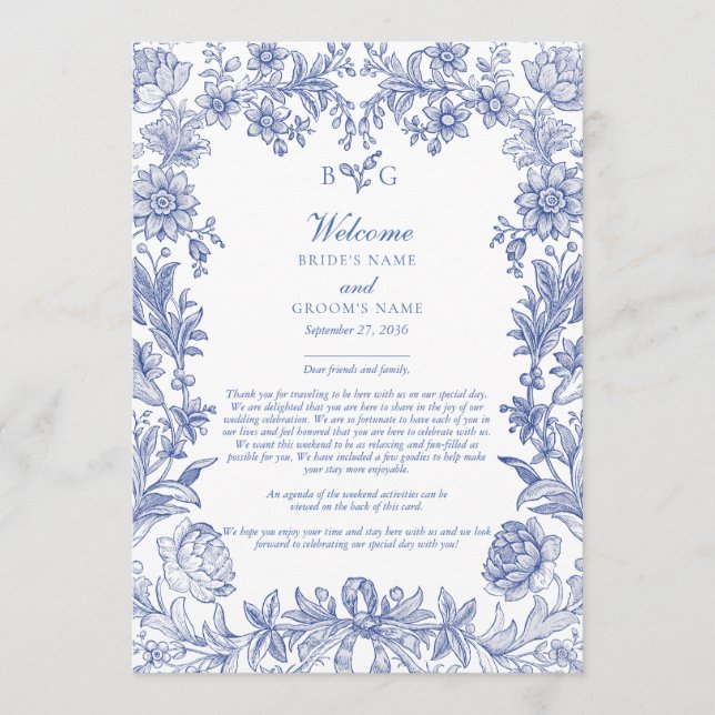 Elegant French Blue Floral Wedding Itinerary Programme (Front)