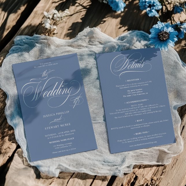 Elegant French Blue Script All in One Wedding Invitation (Elegant French Blue Script All in One Wedding Invitation)