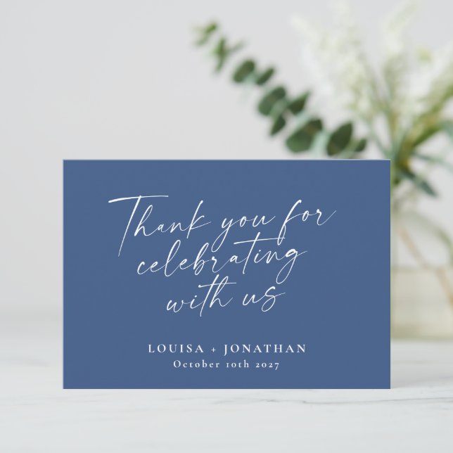 Elegant French Blue Trendy Script Custom Wedding Thank You Card (Standing Front)