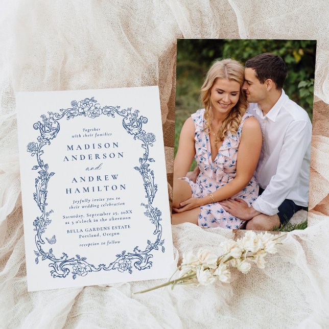 Elegant French Blue Victorian Floral Photo Wedding Invitation (Creator Uploaded)