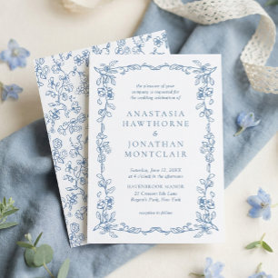 Elegant French Blue Vintage Floral Wedding Invitation