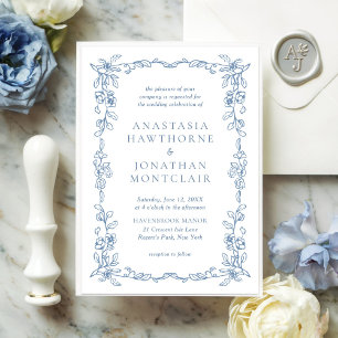 Elegant French Blue Vintage Floral Wedding Invitation