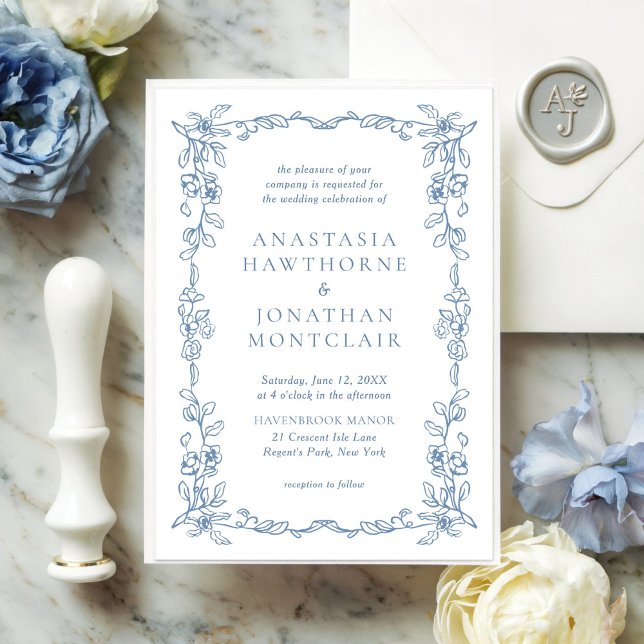 Elegant French Blue Vintage Floral Wedding Invitation (Creator Uploaded)