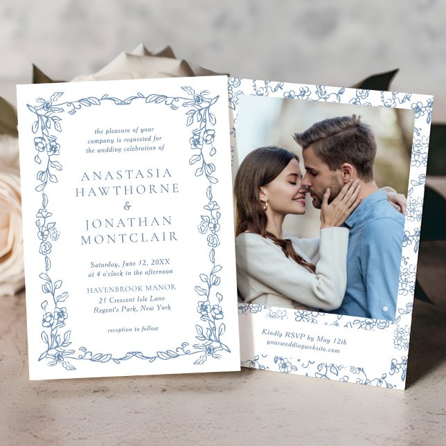 Elegant French Blue Vintage Photo Wedding Invitation (Creator Uploaded)