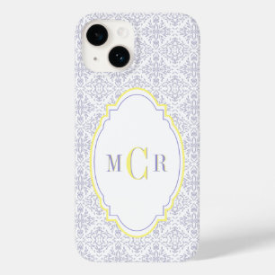 Elegant French Blue Yellow Damask Pattern Monogram Case-Mate iPhone 14 Case